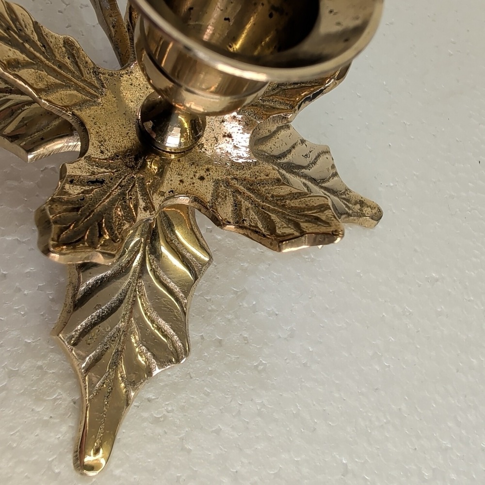 Brass Candlestick Holder Holly Leaves Christmas Decor Made In India W/Handle 3" - Picture 4 of 7